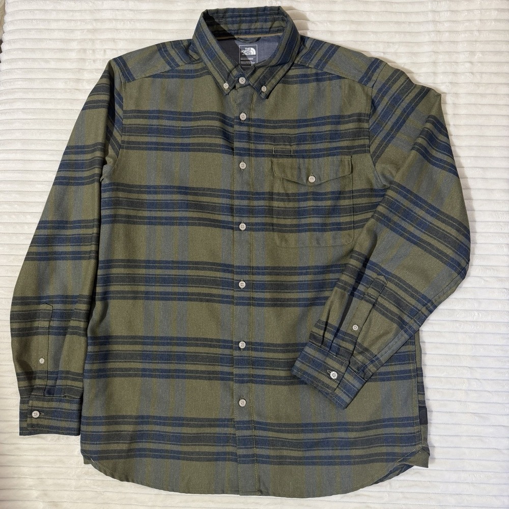 The North Face Men's Olive/ Navy Plaid Cotton Twill Flannel L Button Down Shirt